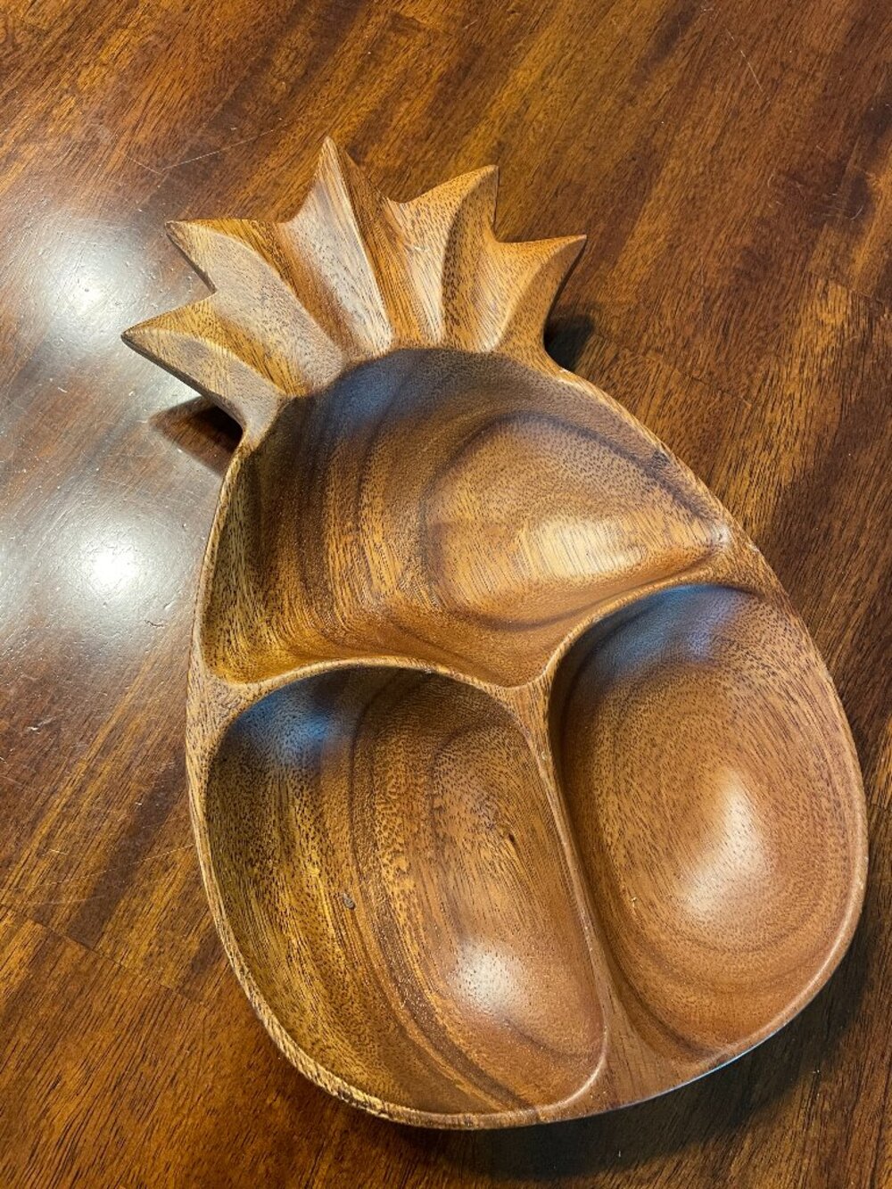 Monkeypod Wooden Carved Pineapple Shaped Candy/Nut Bowl 3 Sections 12" x 7.5"